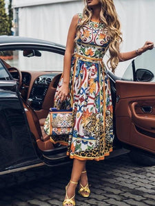 Sleeveless Midi Retro Print Dress