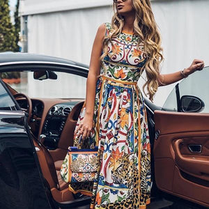 Sleeveless Midi Retro Print Dress